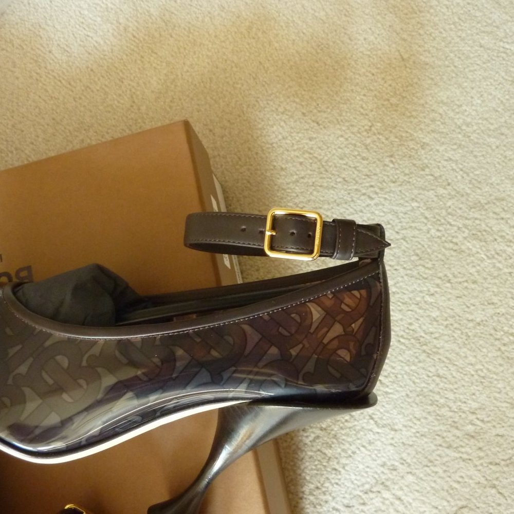 BURBERRY 'Evan' TB Monogram Logo Ankle-Strap Transparent Pumps (Brown) - 7B - Picture 14 of 15